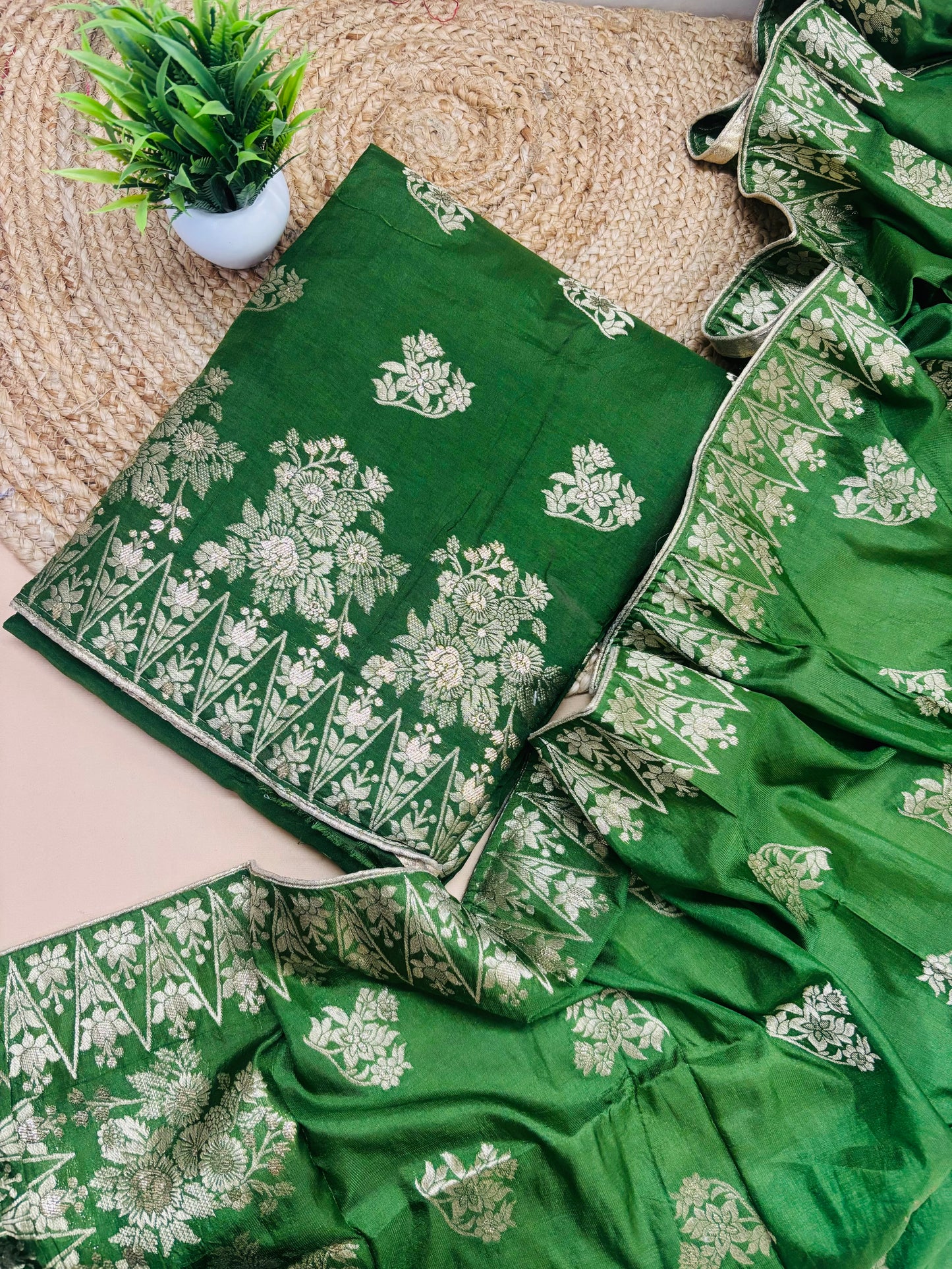 Pure Dola Banarasi Green Colour Suit set