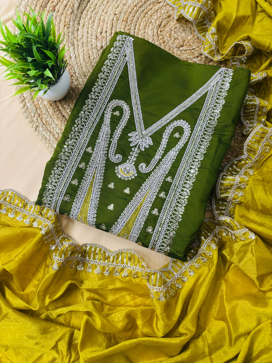 Designer Contrast Dupatta Suit set -Green