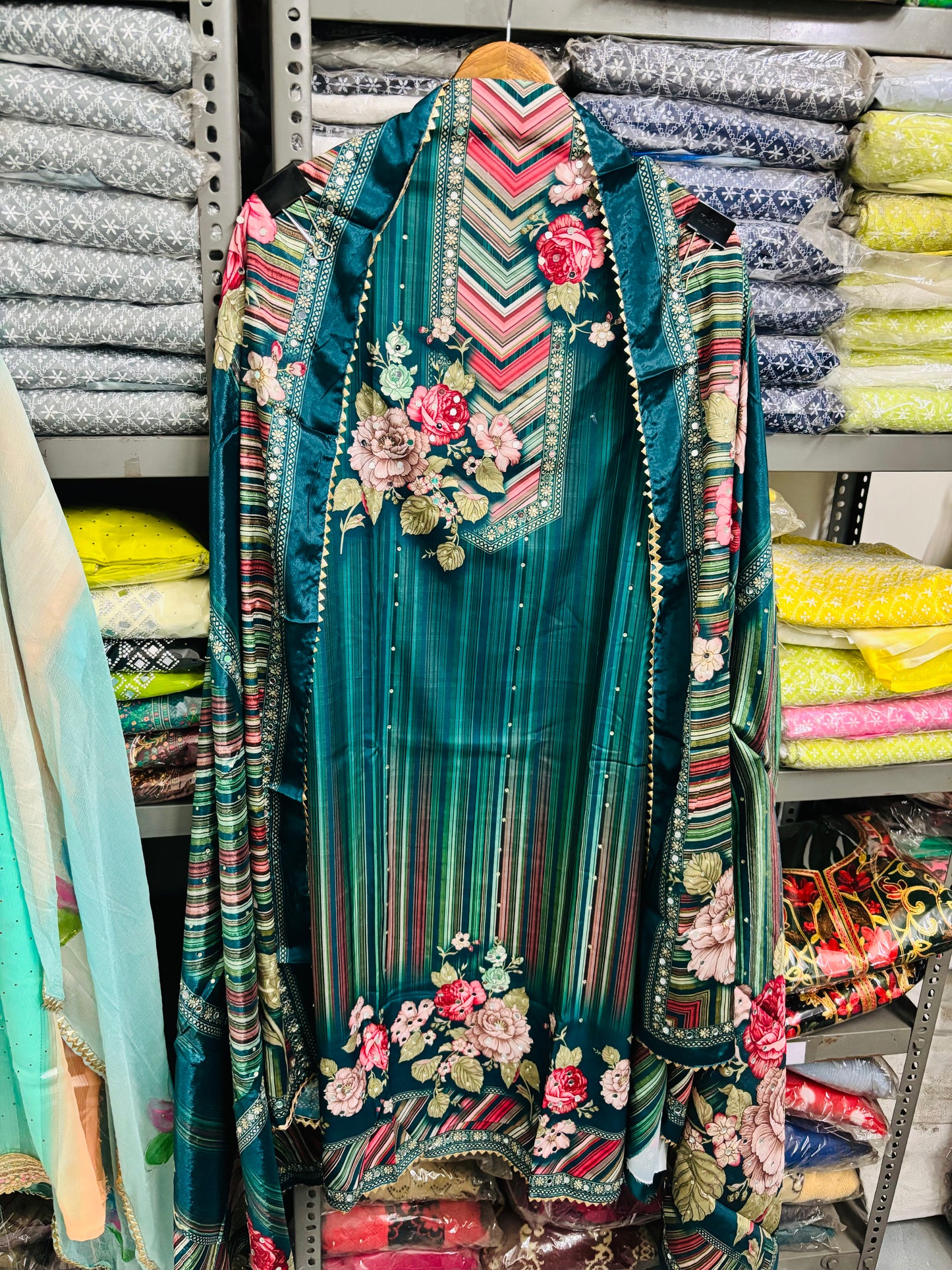 Peacock Crepe Silk Suit with Mirror Work