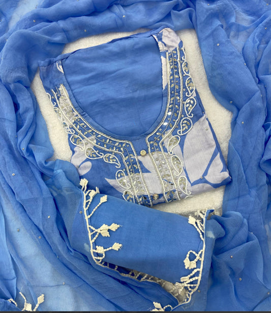 Blue Muslin Handwork Embroidered Suit