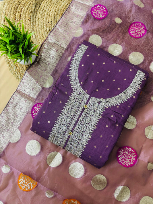 Banarasi Jaquard Suit set With Organza Dupatta -Purple