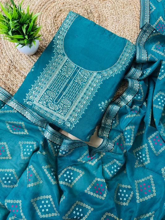 Banarasi Linen Suit set With Bandhani Dupatta-Blue