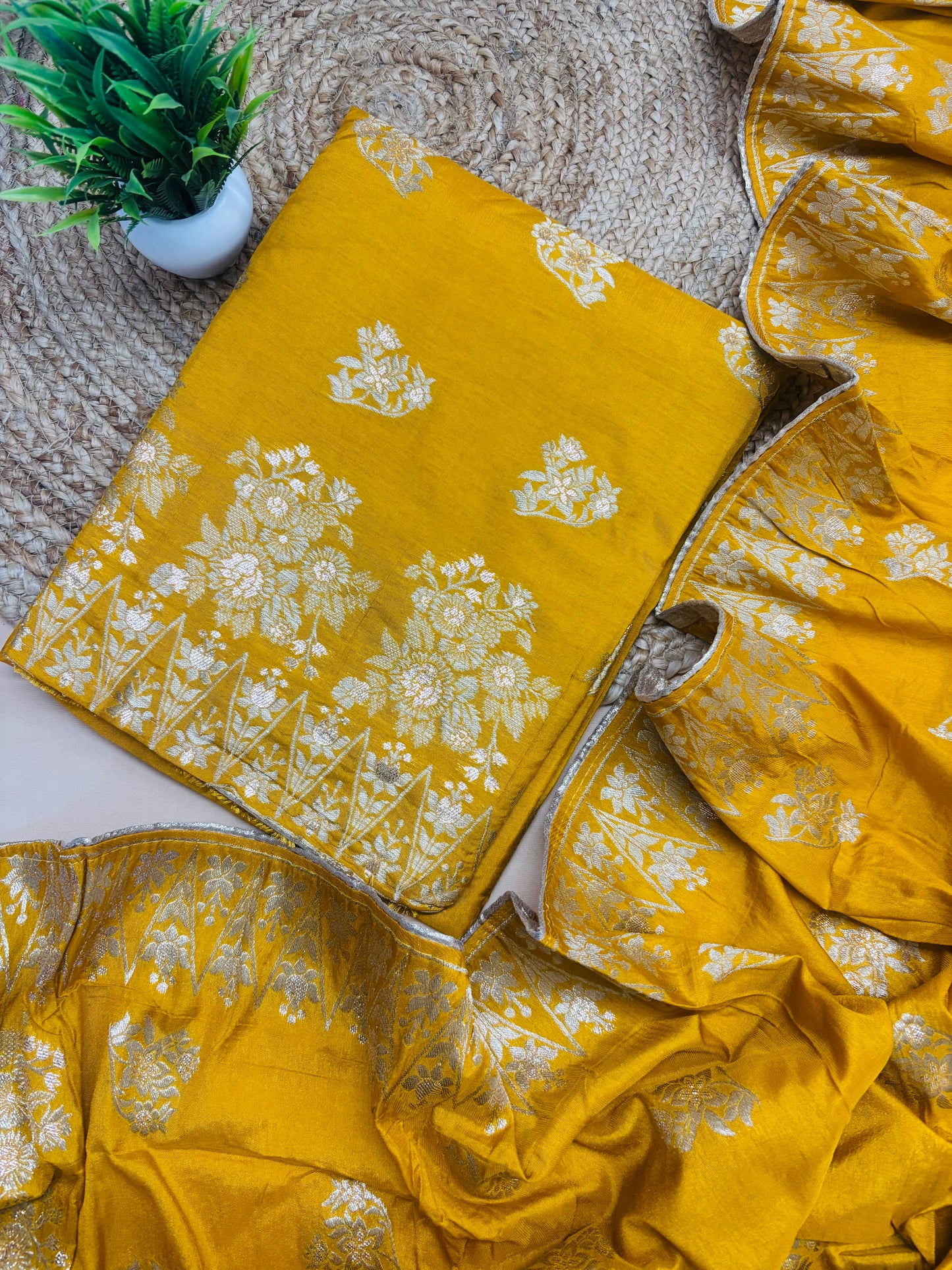 Pure Dola Banarasi yellow Colour Suit set