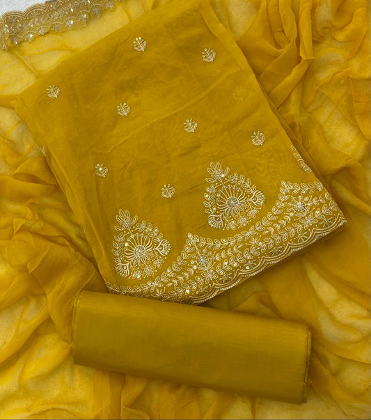 Yellow Banarasi Organza Embroidered Suit