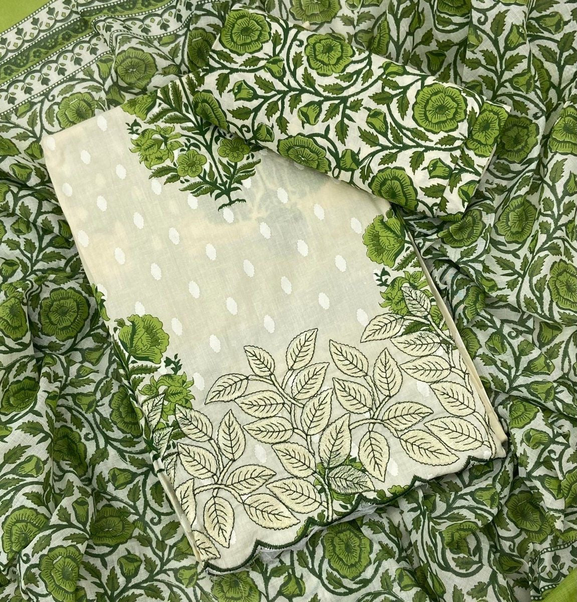 Leafy Cut Work Printed Pure Cotton Suit set-Green