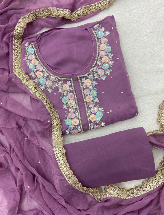 Mauve Handwork Organza Suit set