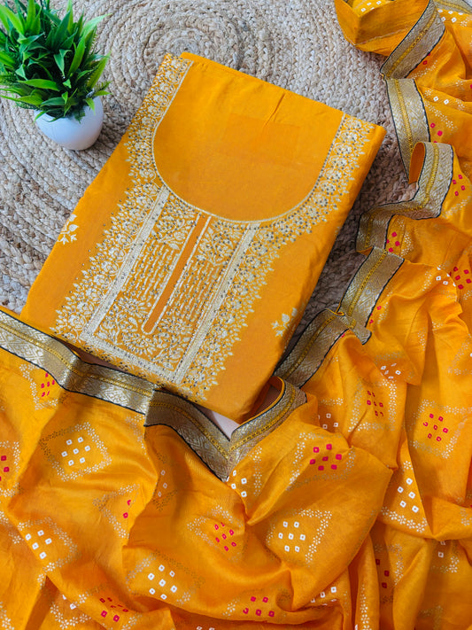 Banarasi Linen Suit set With Bandhani Dupatta-Yellow